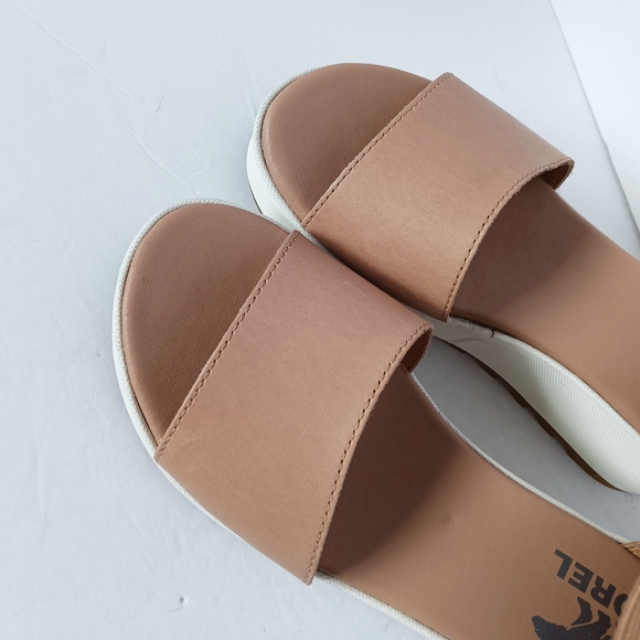 🤎 Sorel Tan Wedge Sandals Ballet Ankle Leather White Womens 5.5 Platform - Picture 2 of 13
